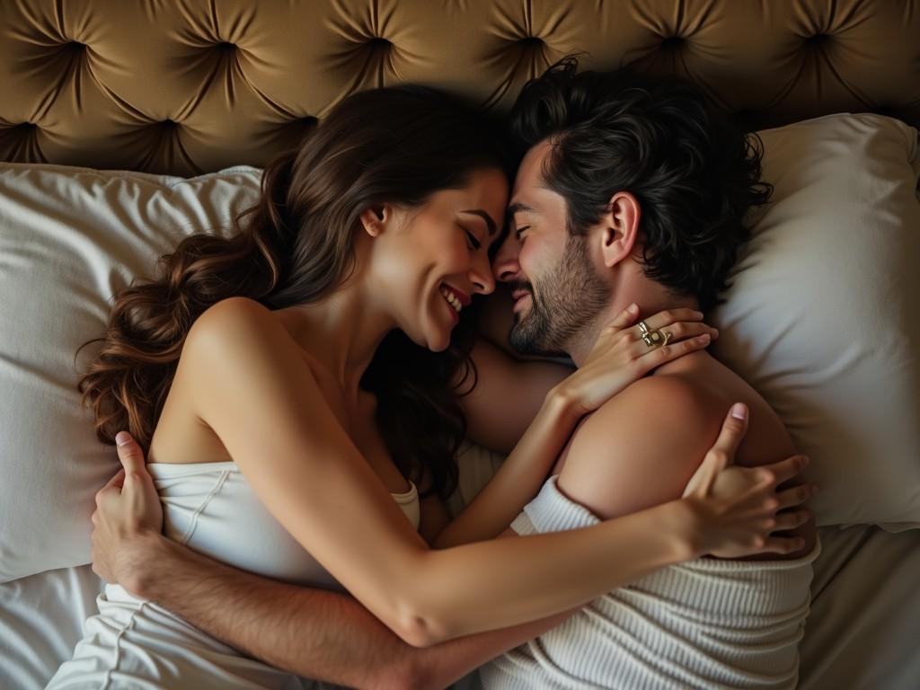 A couple lies closely on a bed, smiling affectionately while holding a camera.