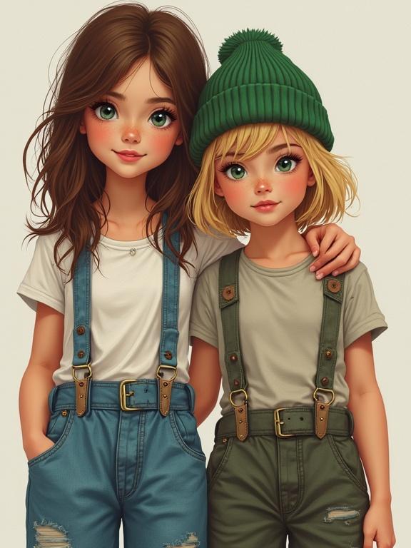 Beautiful painting of two trendy girls. One with brown hair, blue/green eyes, braces, wearing baggy trousers. The other is a blonde in a green beanie. Both are fit and slim.