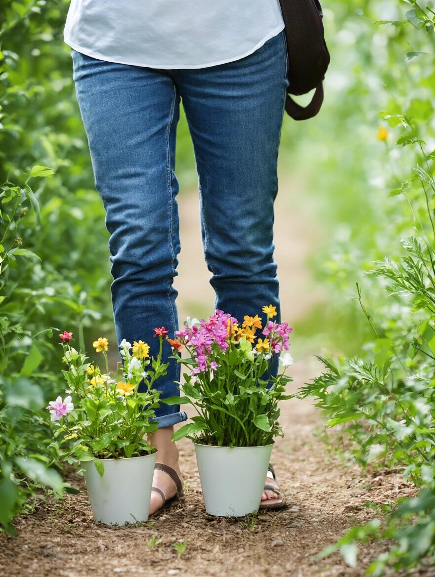 Woman standing beside two pots of colorful flowers on the ground. The woman wears jeans and sandals. The scene is set in a green landscape.