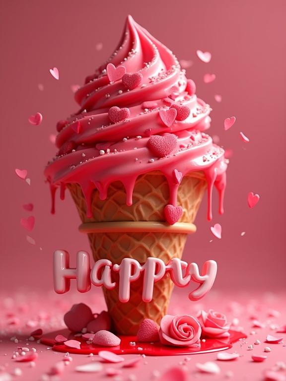 3D rendering of a vibrant heart-shaped ice cream cone. The ice cream is a blend of cherry red heart shapes, melting over a brown waffle cone. Decorated with pink heart sprinkles and rose petals, the word 'Happy' in bubbly font is in the foreground. The background is a glossy pink-black gradient, with red ice cream drips forming small puddles.