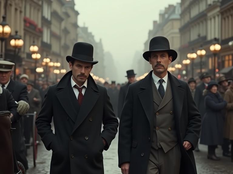 A bustling Victorian London street with horse-drawn carriages and gas lamps. Sherlock Holmes and Dr. Watson stride purposefully through the crowd. Holmes holds a magnifying glass, focused on a clue. The atmosphere is vibrant and full of mystery.