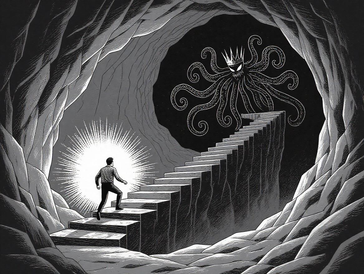 A man climbs levels of a cave. A dark king with tentacles awaits at the top. Background features dark cave, swirling shadows, faint light, jagged rocks.