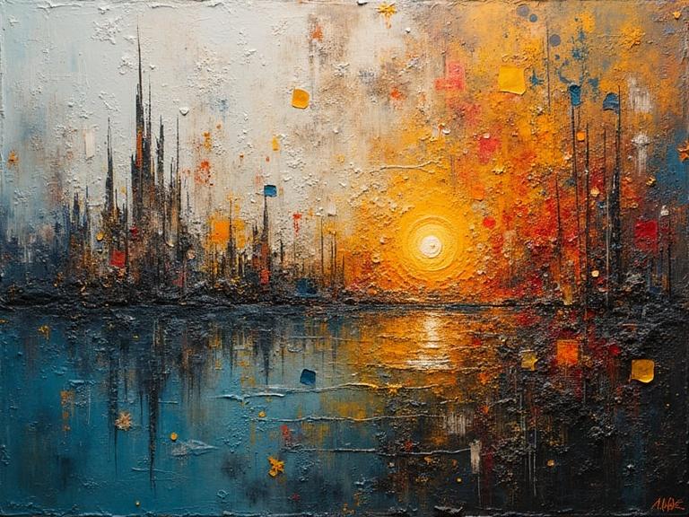 Masterpiece abstract oil painting featuring multilayered texture play. Elements include newspaper and jute fibers with a play of glittering confetti. Luminous colors creating depth with a beautiful sunset reflecting on water.