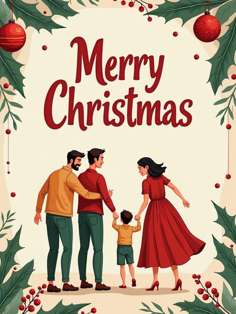 Design featuring cheerful family of four. Typography includes Merry Christmas. Decorated with holly leaves and red ornaments. Bright colors create a warm, festive atmosphere.