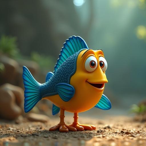 A cartoon fish with blue and yellow colors. The fish has big eyes and a cheerful expression. Setting is playful and colorful.