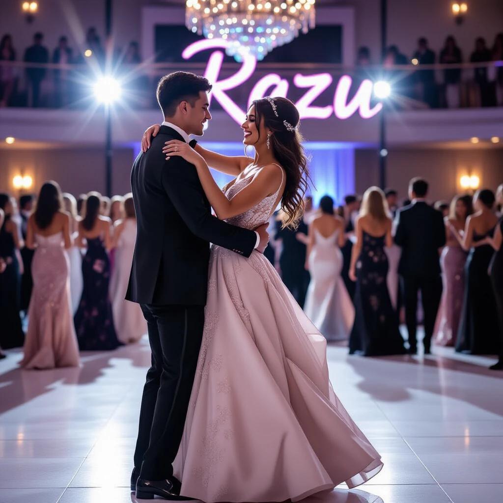 A couple dances at prom. Elegant attire highlighted by a stylish setting. RAZU prominently displayed in cheerful letters. Attractive ballroom environment filled with guests. Romantic atmosphere with bright lighting.