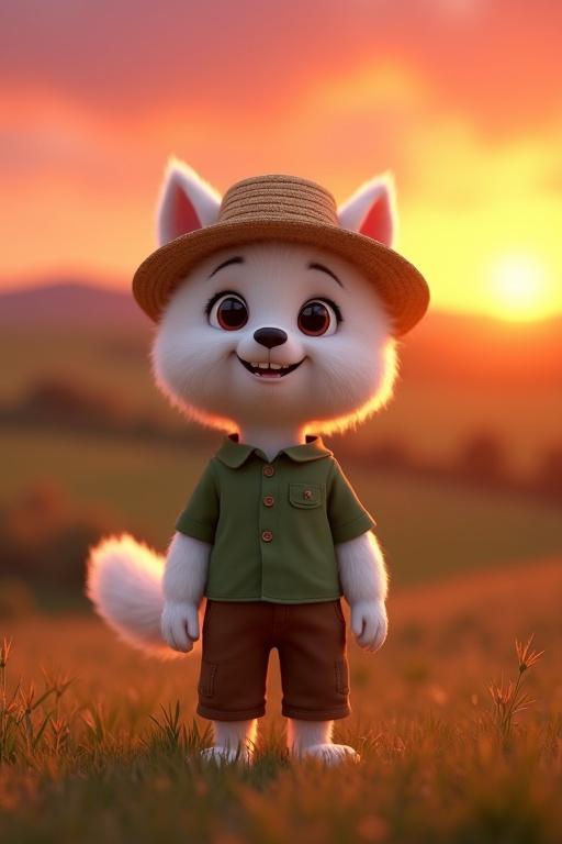 Close-up 3D shot of a fluffy white puppy named Poppy standing on two legs. She wears a straw hat and a green shirt with brown pants. The background shows a sunset with vivid orange and purple colors. Poppy's face expresses cheerfulness, determination, and hope. The setting is a hill overlooking her farm with distant fields.