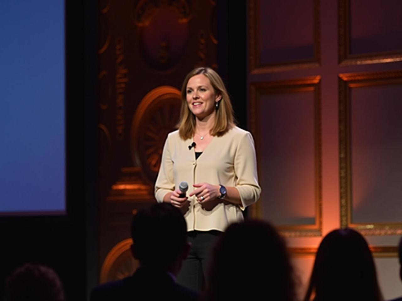 A woman is standing on stage, presenting to an audience. She is wearing a simple, elegant outfit, without any logos on her blouse. The background features sophisticated decor, possibly with a modern design, enhancing the professional atmosphere of the event. The lighting is warm and inviting, with a blend of colors that gives depth to the scene. Her posture is confident as she holds a small microphone, engaging the audience.