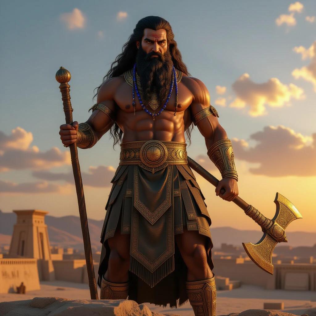Majestic full-body portrait of Gilgamesh. Towering muscular figure with bronze skin. Wearing Sumerian royal kilt and golden jewelry. Long wavy hair and beard adorned with lapis lazuli beads. Holding massive bronze axe. Standing atop ziggurat of Uruk at sunset. Background shows ancient city walls with cuneiform inscriptions. Hyper-realistic style. Emphasizing divine strength and regal presence.
