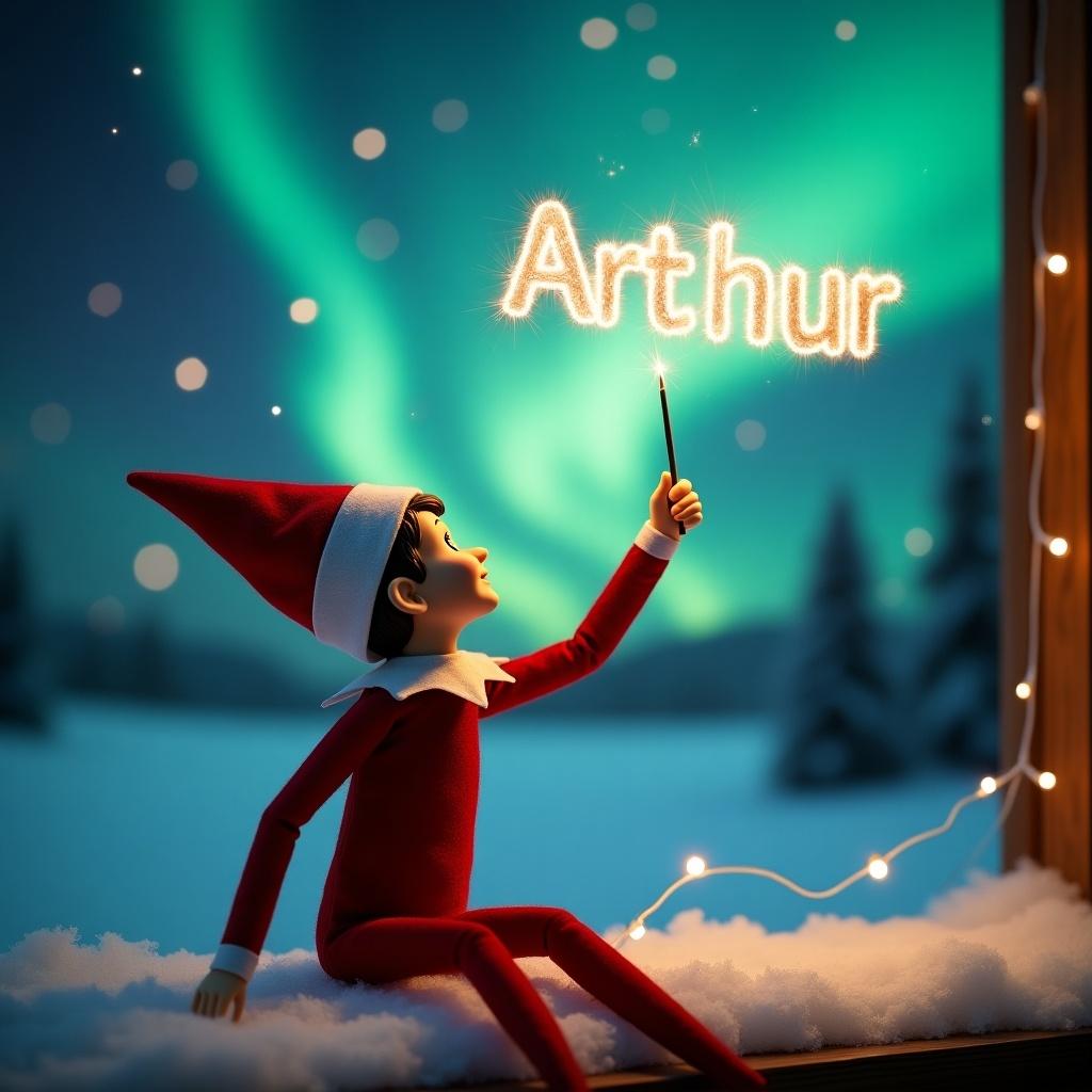 This image features an elf on the shelf dressed in red. The elf is positioned with its back to the viewer, gazing at a sky filled with northern lights. The elf holds a magic wand and writes the name Arthur in the sky. The snowy ground creates a serene holiday atmosphere.