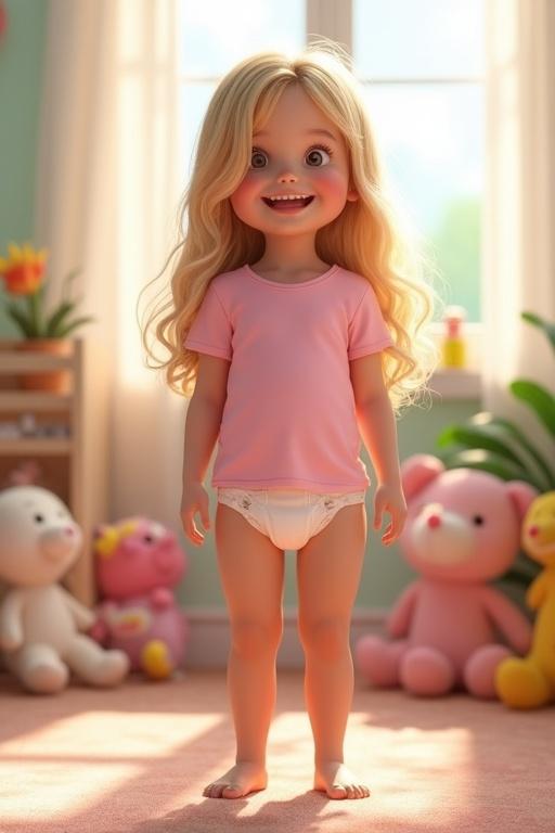Joyful tween girl with long blonde hair in pink shirt and white diaper. Standing in bright child-friendly room. Colorful plush toys and sunny window in background. Soft lighting and playful atmosphere.