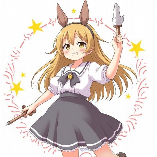 Character holds a pencil and a sculpting tool standing cheerfully. She has long blonde hair and bunny ears. The outfit is a cute white blouse with a black bow and a flared skirt.