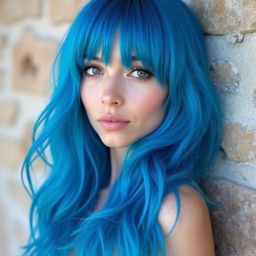 Model with vibrant electric blue hair posed against a stone wall setting.