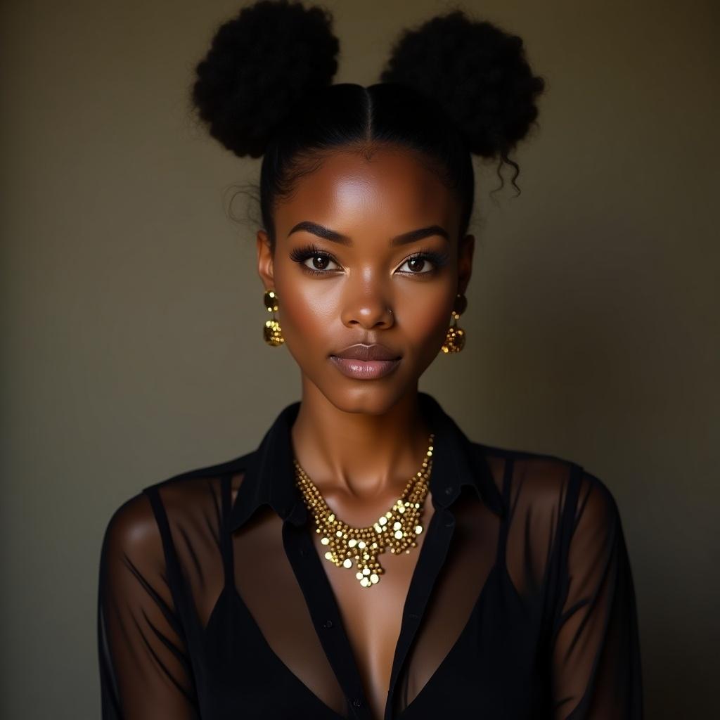 Stylish young woman poses for a portrait. She wears a sheer black open blouse and layered gold necklaces. Her hair is styled in a top puff ball. The woman has small brown round eyes and an oval face with a larger forehead.