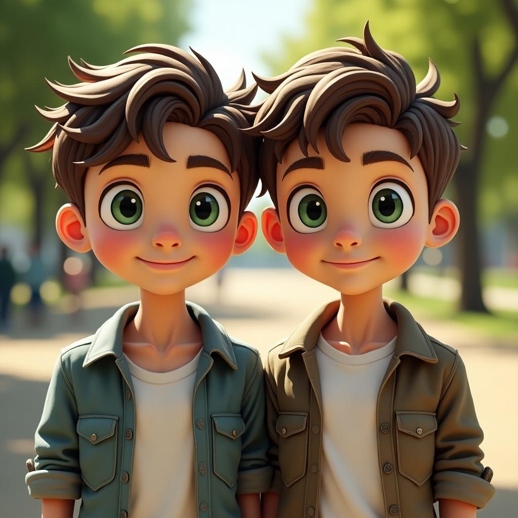 Two animated twin brothers stand side by side. They have brown hair, green eyes, and are smiling. The background shows a park setting.