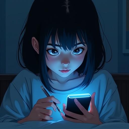 Digital illustration in dark cinematic anime style. Teenage girl, 16 years old, with straight black hair and brown eyes. Wearing gray hoodie, holding cell phone with curious expression. Sitting in messy dark room. Only light source is phone's blue glow, creating high contrast shadows. Atmosphere is quiet and unsettling. Art features clean, detailed lines, slight grainy texture like digital painting, with cool colors and warm light spots. Camera is close-up at slight low angle, conveying intimate and psychological tension.