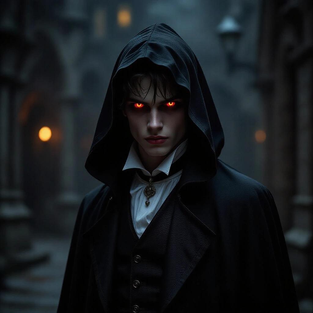 Young vampire in a dark gothic environment. Dramatic lighting with ancient details.