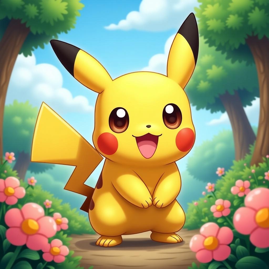 The image features a cheerful yellow Pokemon character known as Pikachu. Pikachu is standing on a winding path in a vibrant forest filled with colorful flowers. Its large, sparkling eyes and friendly smile evoke feelings of joy. The lush green trees and soft blue sky create a cheerful atmosphere around Pikachu. This character is known for its electric abilities and is beloved by fans of all ages.