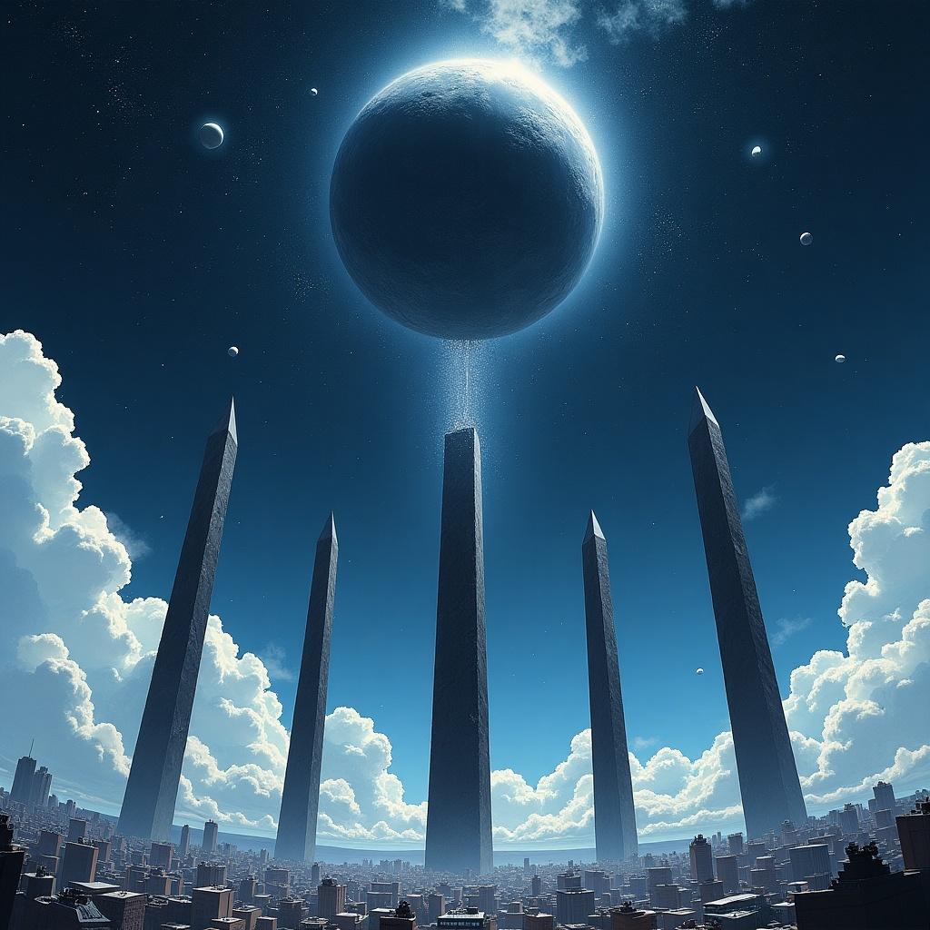 A scene with a dark celestial object entering Earth. It splits into five black crystals. The crystals rise like obelisks in cities. Evokes imagery of a Naoki Urasawa illustration.