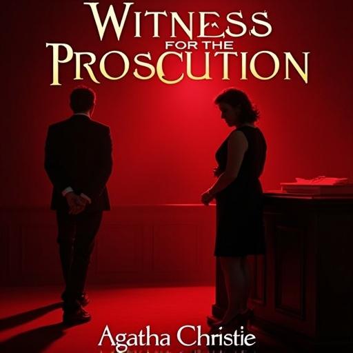 Dramatic courtroom scene vivid red color tone. Shadow of a woman on the witness stand. Man visible in handcuffs. Bold lettering for title 'Witness for the Prosecution.' Signature of Agatha Christie displayed in gold.