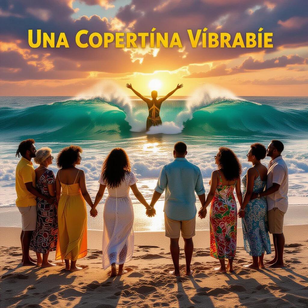 A vibrant and surreal cover inspired by reggae vibrations and unity theme. A diverse group of people of all ages and ethnicities hold hands in a circle on a sandy beach. Their faces glow with serene joy in warm golden light. Behind them, a large wave rises like a guardian while a peaceful mountain silhouette looms in the distance. The sky blends into a cosmic vortex of red, orange and purple shades with a crescent moon and peeking stars. Subtle Rastafarian colors (red, gold, green) flow like ribbons around the scene symbolizing resilience and love. At the bottom, faded song lyrics appear like whispers in the sand: 'No tears, no fears'. Style: A mix of afrofuturism and tropical surrealism with bold contrasts and dreamy textures.