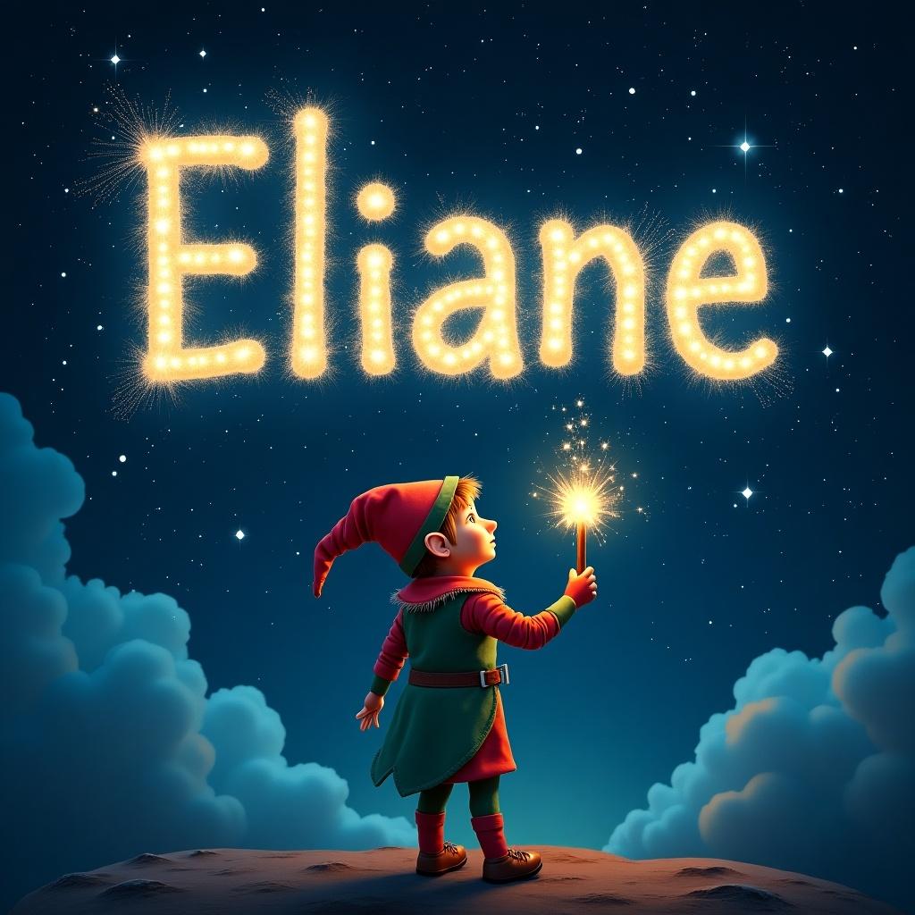 An elf uses a magical wand to write the name Eliane in sparkling letters against a starry night sky. Dark clouds enhance the luminous text. The elf wears colorful clothing, adding to the whimsical atmosphere, with twinkling stars in the background.