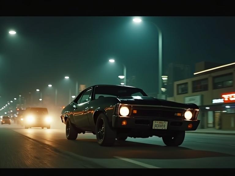 Cinematic night shot with grainy 70s film aesthetics. A black American muscle car reminiscent of 1970 Chevy Nova or Dodge Charger drives slowly under city neon lights. Dark Cerro de la Silla looms in the background. Visible film grain with slight scratches and imperfections. A sense of lurking threat with an indistinct driver presence.