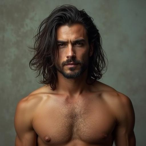 Imagen de un hombre con cabello largo, piel bronceada, cuerpo esbelto, pose frontal, iluminado suavemente, mostrando confianza.