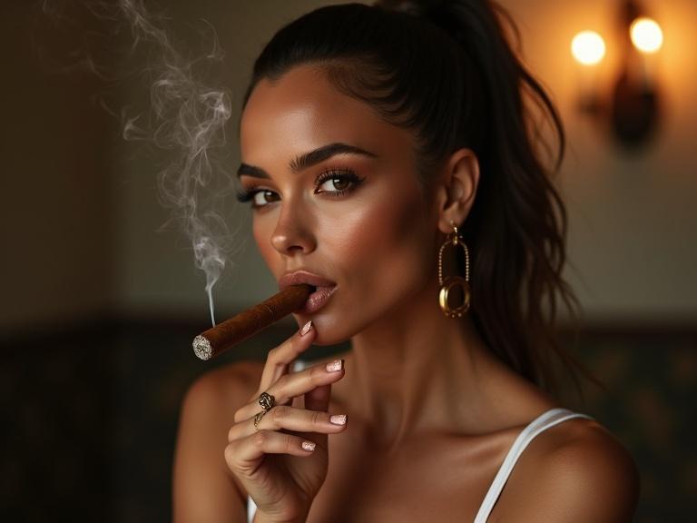 Woman smokes Cuban cigar exhaling smoke. She wears elegant jewelry and has a ponytail. The atmosphere is warm and inviting. The focus is on the cigar. Her gaze is directed toward the camera.