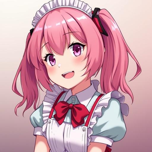 Character in Japan anime style. Maid with pink hair wearing a uniform. Happy expression. Soft background colors blend. Cartoonish features.