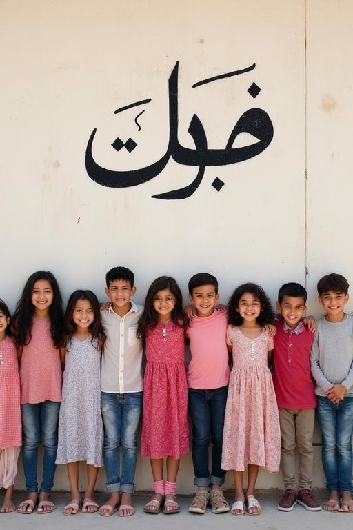 Group of 10 smiling children in traditional clothing standing in front of a plain wall. Bold Urdu text written on the wall. Bright and cheerful scene with natural daylight.