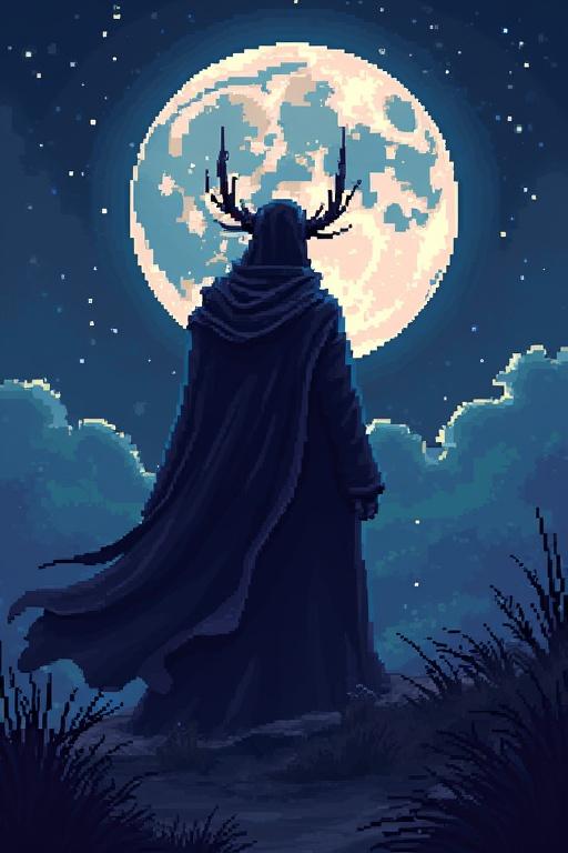 A pixel art image depicting a moon lord standing against a large full moon. The figure wears a flowing cloak and has antlers. Clouds surround the moon, creating a mystical atmosphere.