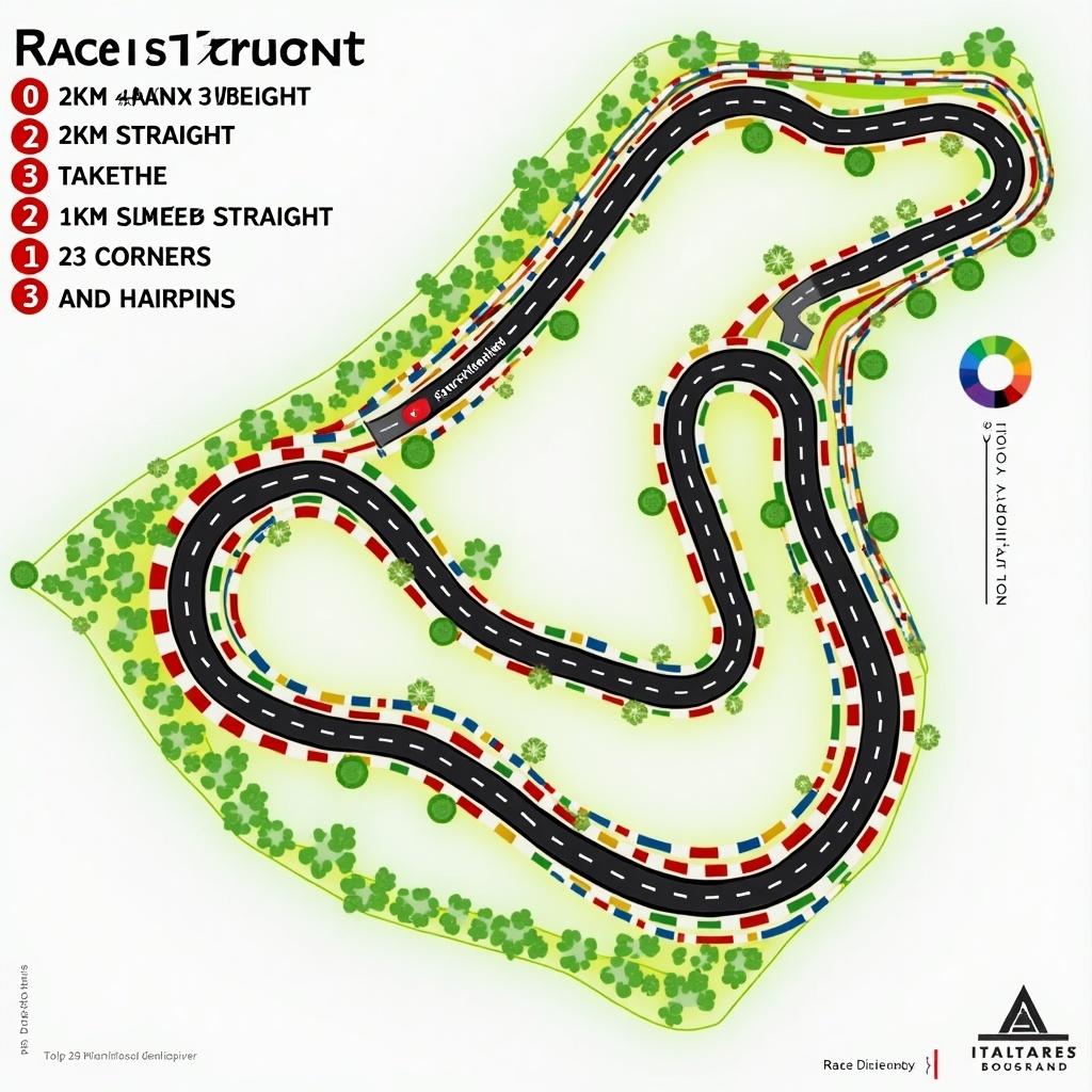 Detailed layout of a race track showing vibrant colors. Features include three main straights and 23 corners. A total of 2 hairpins designed for anti-clockwise racing direction.