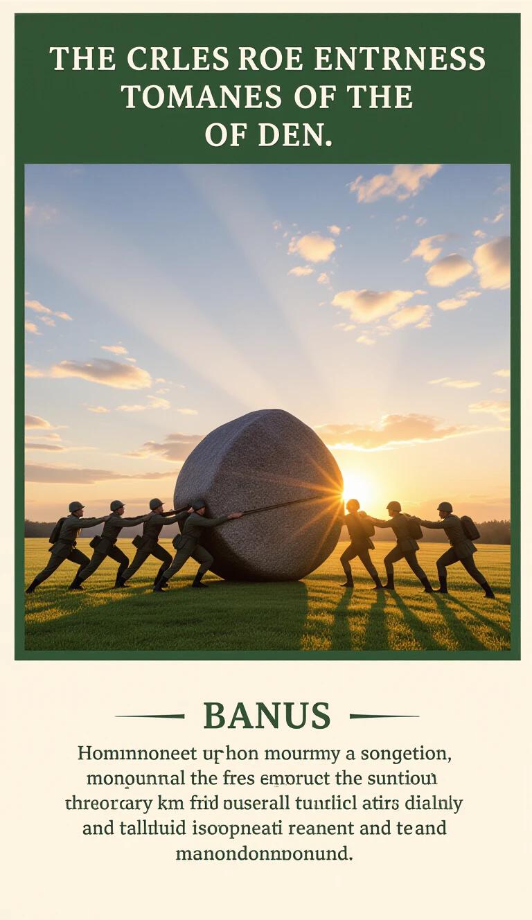 A large round stone pushed by soldiers at sunset. Their faces determined. The sun setting behind them. The scene conveys struggle and teamwork.