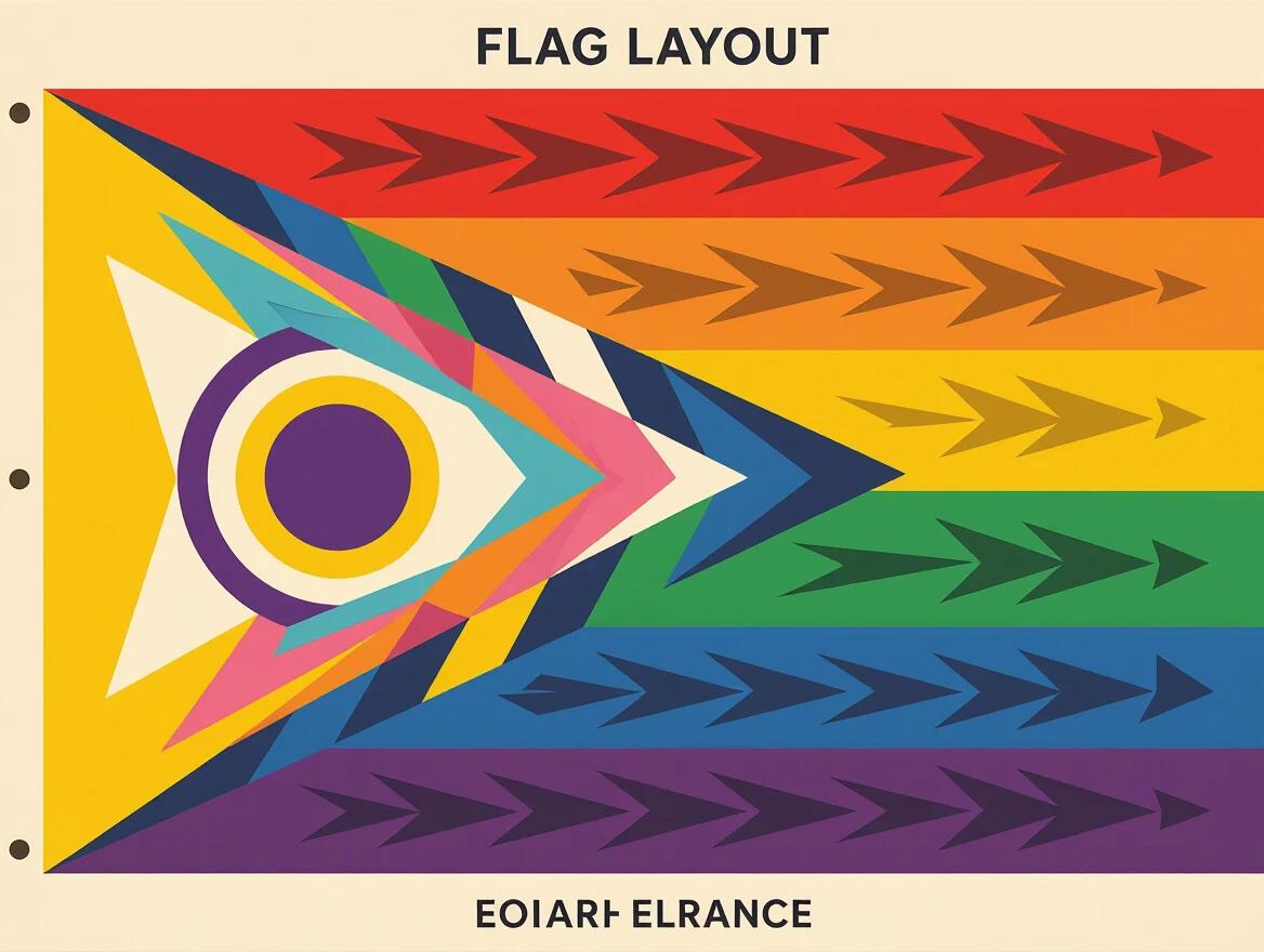 Create a rectangular flag design featuring a triangular chevron section on the left and horizontal stripes on the right. Include a large yellow triangle with a purple circle outline in the top left. Add nested arrows in a variety of colors pointing to the right. The right section should display horizontal stripes in rainbow colors. Include the text jejuMIX 10 aMos de orgulho in an appealing font with shadows.