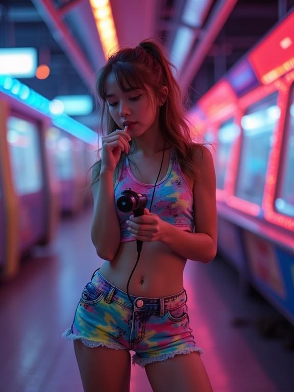 Young girl in a tank top and shorts in a train station. Colorful lights reflecting off her skin. Holding a game joystick while biting her lip.