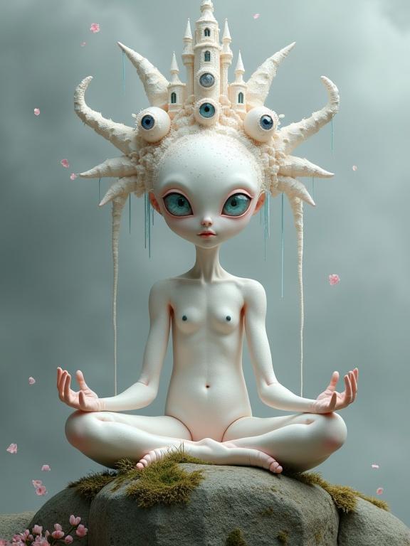 A surreal alien-like creature in a meditative pose. This creature combines biological and architectural elements. It has a soft chalky white body with bluish-gray shadows. Large pale blue eyes and smaller eyes scattered across the body. An intricate castle-like crown on its head. It sits on a moss-covered rock with pink petals drifting around. Background is muted grey.