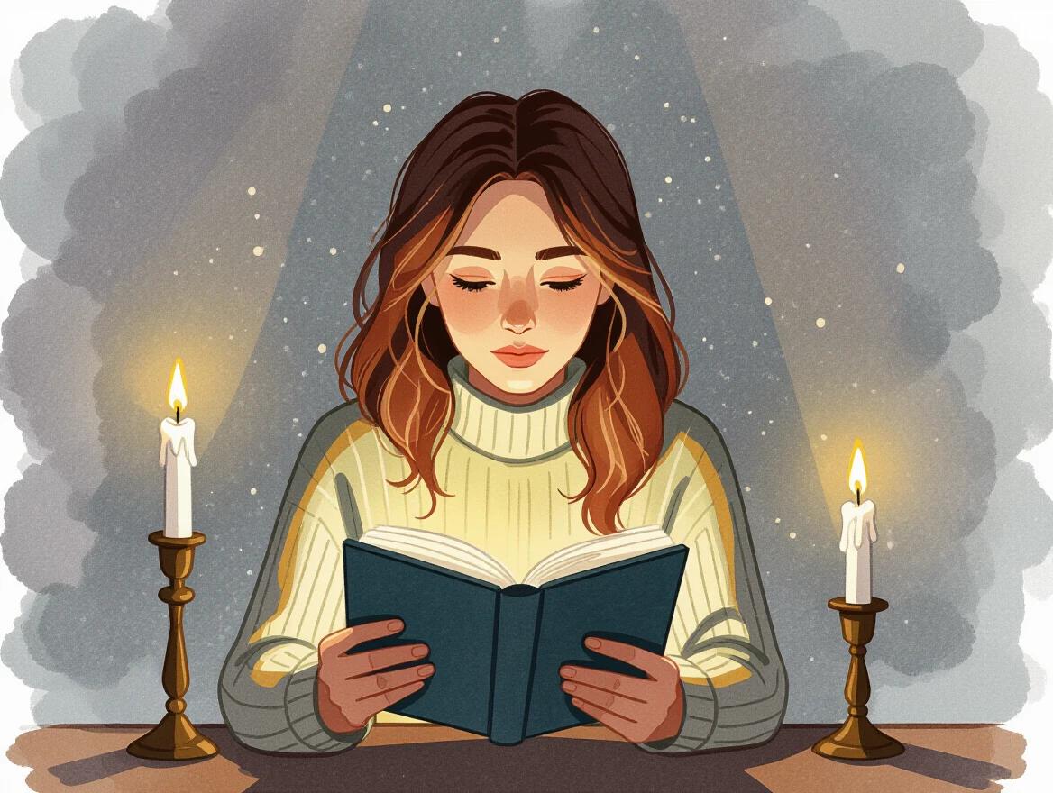 A woman reads a book by candlelight. The scene has a cozy and serene atmosphere. Shadows dance around as time seems to stand still. Gentle light from the candles adds warmth to the nighttime setting.