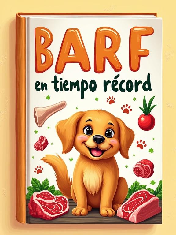 A cheerful Golden Retriever is the main subject. The background has soft pastel yellow color. Surrounding the dog are colorful illustrations of raw meat, bones, and vegetables. The title is bold and playful. Paw prints are scattered around. The overall feel is vibrant and engaging for pet owners.
