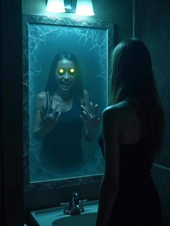 Dark foggy bathroom at night with a cracked mirror. Monstrous reflection with glowing yellow eyes. Terrified woman in front of the mirror. Ghostly hands reach out from the mirror. Dramatic shadows with eerie blue light. Title in bold horror font: The Reflection Blinks First.
