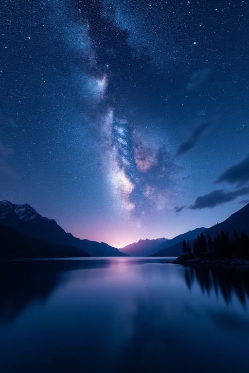 Breathtaking 8K ultra-high-resolution image of a serene lake under a stunning night sky. The sky is filled with countless sparkling stars and the Milky Way galaxy. The lake reflects the starry sky, surrounded by silhouettes of mountains and trees. Evokes calmness and wonder with deep blues, purples, and gentle light reflections. No people, purely natural and majestic.