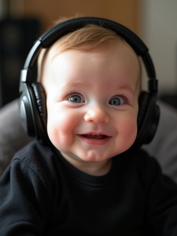 Cute baby has chubby cheeks. Baby wears black clothes. Close-up shows head and shoulders. Baby faces directly forward. Baby looks straight at the camera with a gentle smile. Large headphones on the baby. Soft natural lighting highlights face in detail. Bright softly blurred music studio background. Includes padding at top and sides with hints of recording equipment.