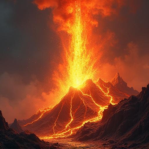 A volcanic eruption spell being cast. A massive pillar of molten lava shoots explosively from jagged, obsidian-black volcanic ground. Lava bursts upward in a fiery column glowing with orange, red, and yellow hues, lighting up darkness. Ash, smoke, and glowing embers swirl in the air. Cracks in volcanic rock glow with magma underneath, pulsing with magical energy. The eruption is magical with arcane symbols, glowing runes at the base or swirling around lava column. The force of eruption bends surrounding air with heat distortion. Background is dramatic with a stormy sky or dark magical realm. Highly detailed fantasy artwork, dynamic lighting, extreme contrast between dark rock and bright lava.