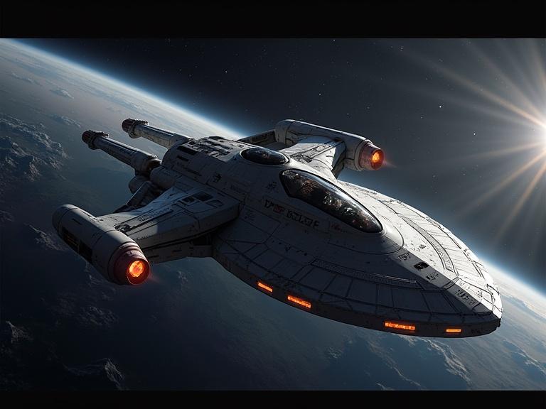 A photorealistic starship travels through space. The starship is sleek with dynamic shapes. A distant planet and cosmos create the backdrop. Bright sun rays illuminate the scene.
