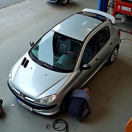 Top-down view of a Peugeot 206 car with a mechanic working underneath. The car is silver with two vents on the hood.