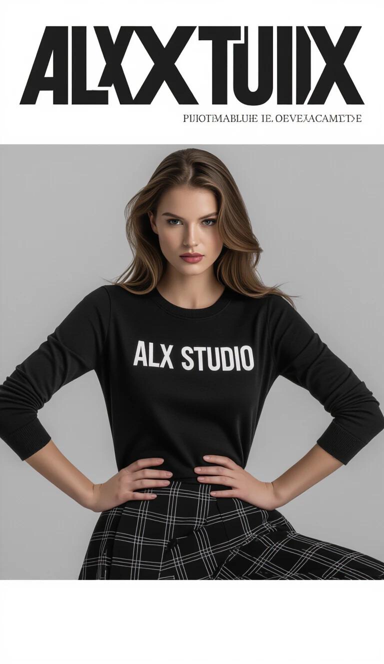 High fashion model portrait in sophisticated style. Wearing black shirt with alx studio text. Model posing confidently. Ideal for fashion editorials and advertisements.
