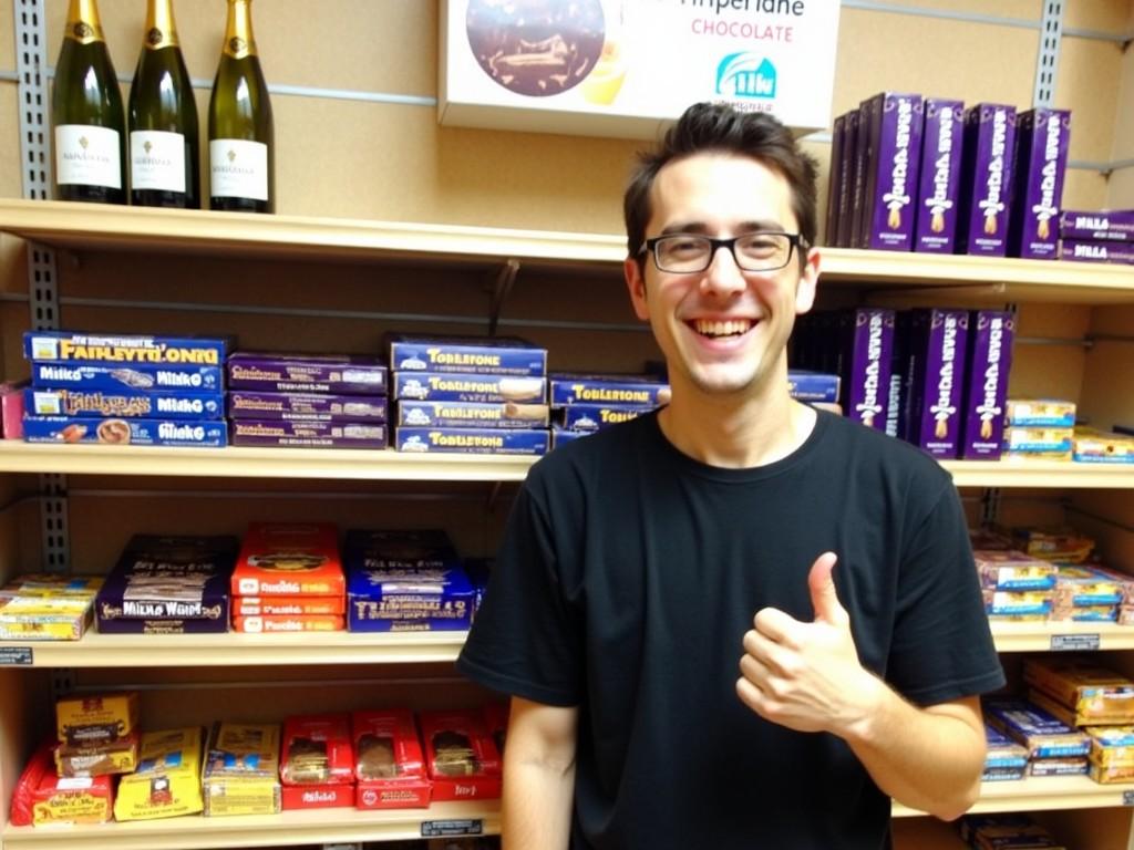 A person in a candy store giving a thumbs up with a variety of chocolates on the shelves behind them. The lighting is bright, and the atmosphere is cheerful.