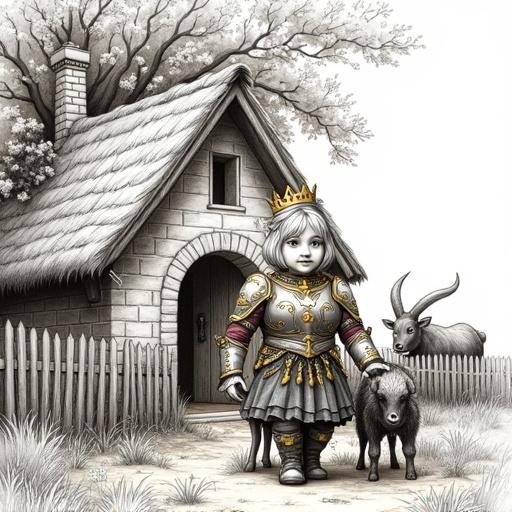 Highly detailed monochromatic drawing showcases a thatched-roof cottage with a carefully inked countryside scene. Flourishing greenery frames the cottage's exterior. Features include a wooden fence, an anthropomorphic fox, and a young rabbit milking a cow. Additional grazing cows and wildflowers decorate the background with dense trees above. The atmosphere feels whimsical and tranquil with fine linework.