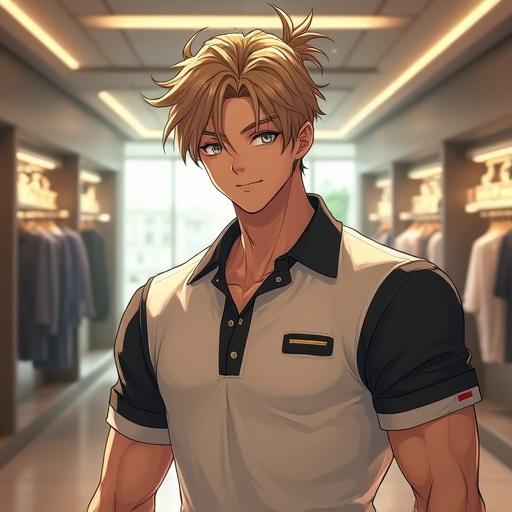 Anime character in a modern luxurious men's store. Handsome man with silver eyes. Light brown spiky hair and ponytail. Wearing an expensive polo shirt. Happy expression while shopping. Spring afternoon setting.