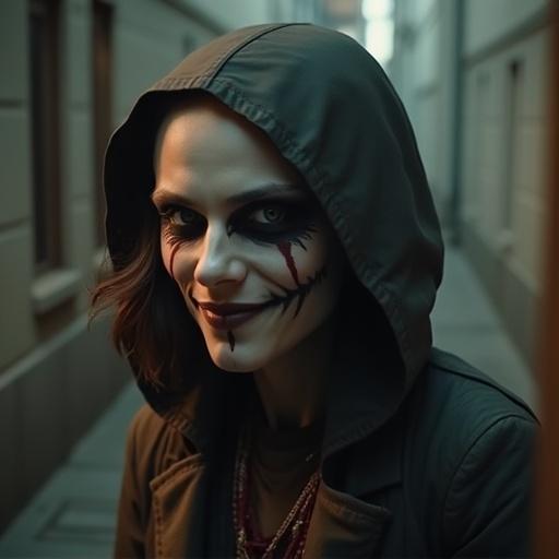 Image of a character with dramatic makeup standing in an urban alley. The character has a hood and an intense expression. The setting is moody with dim lighting.